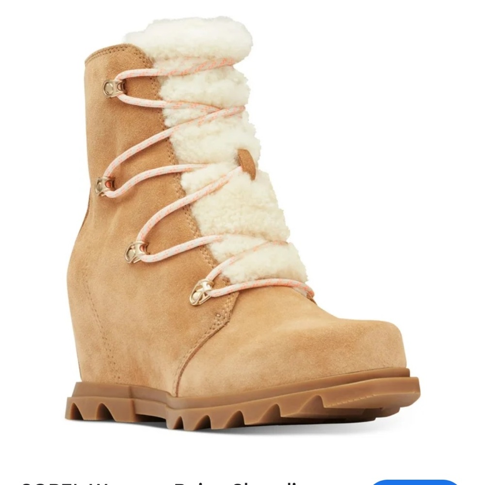 SOREL Womens Beige Shearling Tongue Padded Round Toe Lace-Up Leather Booties